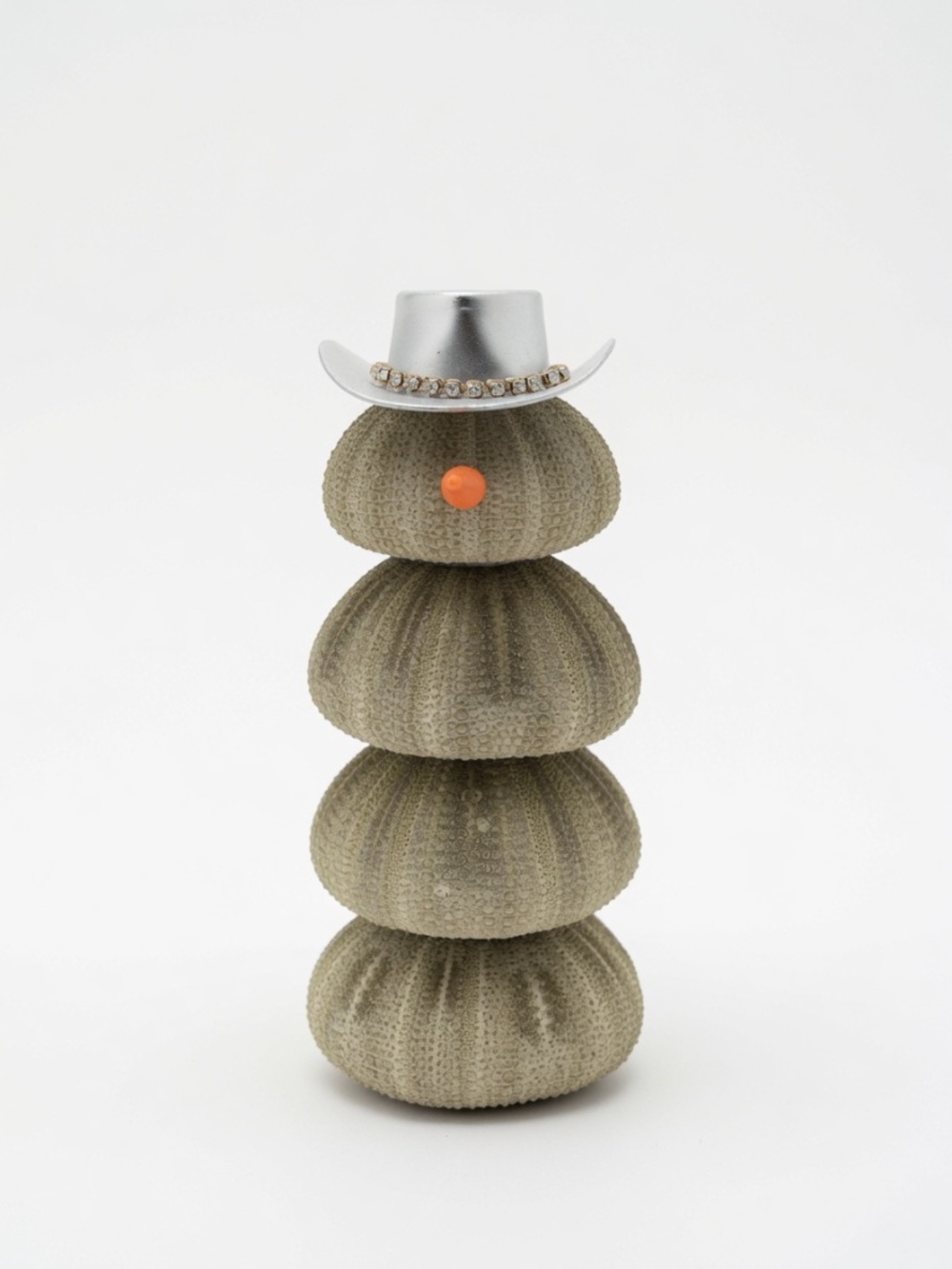 Olive Green Stacked Sea Urchin Snowman with Silver Hat and Orange Nose